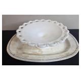 Vintage Milk Glass Pedestal Plate, Ceramic Platters, and Avon Emerald Accent Cordial Glasses Set