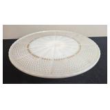 Vintage Milk Glass Pedestal Plate, Ceramic Platters, and Avon Emerald Accent Cordial Glasses Set