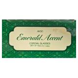 Vintage Milk Glass Pedestal Plate, Ceramic Platters, and Avon Emerald Accent Cordial Glasses Set