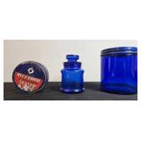 Vintage Blue Glass Containers and Clear Pressed Glass Dishes Lot