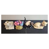 Set of 4 Decorative Porcelain Figurines with Cat and Bird Designs
