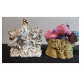 Set of 4 Decorative Porcelain Figurines with Cat and Bird Designs