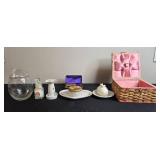 Vintage Vanity and Decorative Lot: Glass Jars, Porcelain Dish, GEM Razor, Woven Box