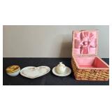 Vintage Vanity and Decorative Lot: Glass Jars, Porcelain Dish, GEM Razor, Woven Box