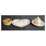 Vintage Vanity and Decorative Lot: Glass Jars, Porcelain Dish, GEM Razor, Woven Box