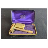 Vintage Vanity and Decorative Lot: Glass Jars, Porcelain Dish, GEM Razor, Woven Box