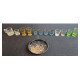 Vintage Mixed Glass Miniature Shot Glass Set with Shibata Japan Decorative Tray