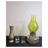 Collection of 3 Vintage Vases and Antique Glass Oil Lamp