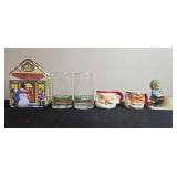 Vintage Christmas Holiday Decor Collection Including Mugs, Figurines, Glasses, and Tin House