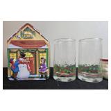 Vintage Christmas Holiday Decor Collection Including Mugs, Figurines, Glasses, and Tin House