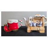 Vintage Christmas Holiday Decor Collection Including Mugs, Figurines, Glasses, and Tin House