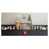 Collection of Ceramic Animal Figurines, Brass Glass House, and Decorative Vase