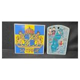 VTG Norwegian Viking Pewter Ship, Swedish Souvenir Plaque and Map Ceramic, with 2 Vintage Made in Japan Owl Figurines