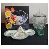 Glass and Porcelain Serving Piece Collection Including Crystal Bowl, Biscuit Jar, and Handled Tray