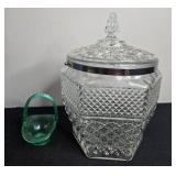 Glass and Porcelain Serving Piece Collection Including Crystal Bowl, Biscuit Jar, and Handled Tray