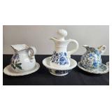 Set of Vintage Porcelain Mini Pitcher and Bowl Sets, Mixed Floral Patterns Inc Japan, Royal Chintz, Royal Crown, Avon