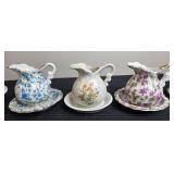 Set of Vintage Porcelain Mini Pitcher and Bowl Sets, Mixed Floral Patterns Inc Japan, Royal Chintz, Royal Crown, Avon
