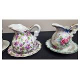 Set of Vintage Porcelain Mini Pitcher and Bowl Sets, Mixed Floral Patterns Inc Japan, Royal Chintz, Royal Crown, Avon