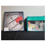 Crystal Glass Tableware Lot: 4-Part Relish Tray, 5-Pc Table Servers, Pair Flower Candle Holders