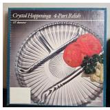 Crystal Glass Tableware Lot: 4-Part Relish Tray, 5-Pc Table Servers, Pair Flower Candle Holders