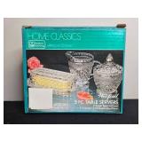 Crystal Glass Tableware Lot: 4-Part Relish Tray, 5-Pc Table Servers, Pair Flower Candle Holders