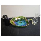 Collection of 3 Decorative Vases and Carnival Glass Dish - Otagiri Japan, Etched Glass, Iridescent Fruit Bowl
