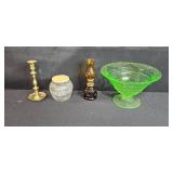 Collection of Vintage Home Decor Items - Brass Candlestick, Uranium Glass Bowl, Oil Lamp, and Glass Jar