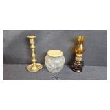 Collection of Vintage Home Decor Items - Brass Candlestick, Uranium Glass Bowl, Oil Lamp, and Glass Jar