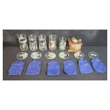 Vintage Mixed Barware Collection with Glasses, Coasters, and Duck Decor Box