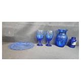 Cobalt Blue Glassware Set with Plate, Goblets, Vase, and Bottle