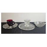 Vintage Misc Glass Set Inc Anchor Hocking "Bubbes & Bars" Bowl & Glass, Ruby Cup and Clear Plate