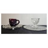 Vintage Misc Glass Set Inc Anchor Hocking "Bubbes & Bars" Bowl & Glass, Ruby Cup and Clear Plate