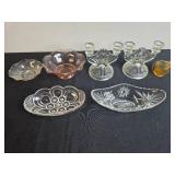 Collection of Vintage Glass Bowls, Dishes, Candle Holders and Amber Miniature Basket