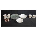 Collection of Vintage Dinnerware with Golden Floral Mugs, Glass Plates, Bowls, and Salt & Pepper Shakers