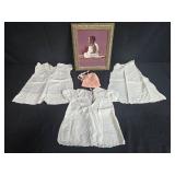 Collection of Antique Baby Gowns, Knit Bonnet, and Framed Child Portrait Art