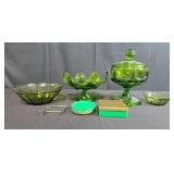 Vintage Green Glass Candy Dishes and Decorative Bowl Set
