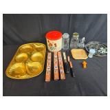 Vintage Kitchenware and Collectibles Lot with Knives, Trays, and Glassware
