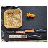 Vintage Kitchenware and Collectibles Lot with Knives, Trays, and Glassware