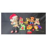 Collection of Plush Toys Including Muppets, Teddy Bears, and Holiday Dog