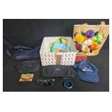 Assorted Bag and Accessory Lot with Panama Cap, Sunglasses, Wallet w Box and Embroidered Tote