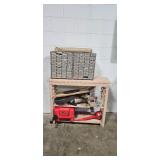 Workbench Lot with Metal Drawer Organizers, Wheels, Red Fuel Can, and Hardware
