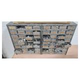 Workbench Lot with Metal Drawer Organizers, Wheels, Red Fuel Can, and Hardware