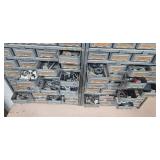 Workbench Lot with Metal Drawer Organizers, Wheels, Red Fuel Can, and Hardware