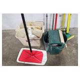 Assorted Janitorial Supplies Including Mops, Brooms, Buckets, and Dustpans