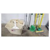 Assorted Janitorial Supplies Including Mops, Brooms, Buckets, and Dustpans
