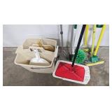 Assorted Janitorial Supplies Including Mops, Brooms, Buckets, and Dustpans