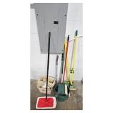 Assorted Janitorial Supplies Including Mops, Brooms, Buckets, and Dustpans