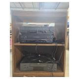 Lot of 3 VCR Players with Cords, Headphones, and Wooden Stand
