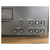 Lot of 3 VCR Players with Cords, Headphones, and Wooden Stand