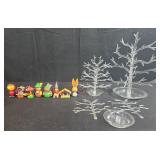 Collection of Miniature Wooden Christmas Ornaments and Plastic Display Trees